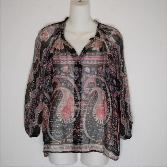 TUCKER Bergdorf Goodman Boho 100% Silk Button Down Sheer Blouse Metallic Size S - Picture 2 of 11